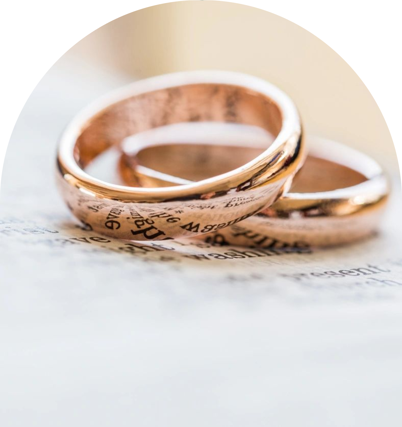 Close-up of three intertwined rose gold wedding rings.