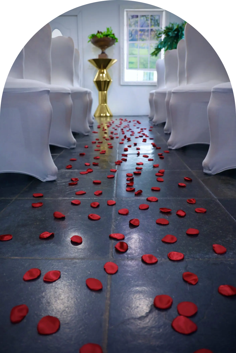 Rose petals scattered on a floor between white chair covers.